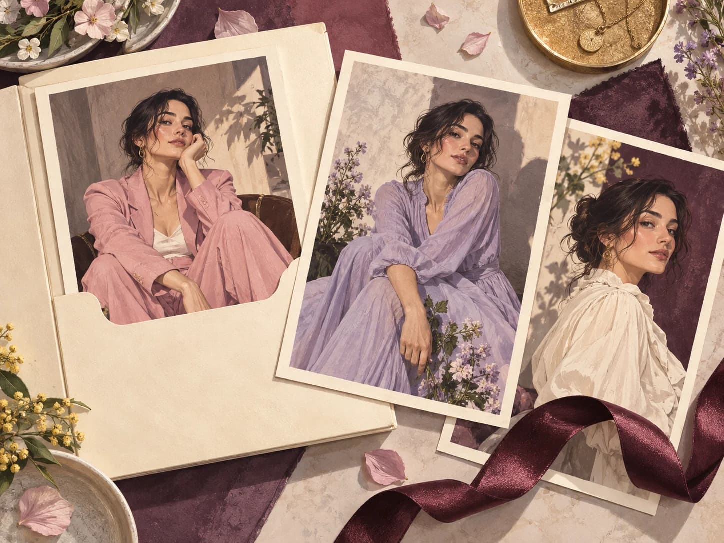 Illustration of a curated collection of fashion photo prints, ready to share as a set.