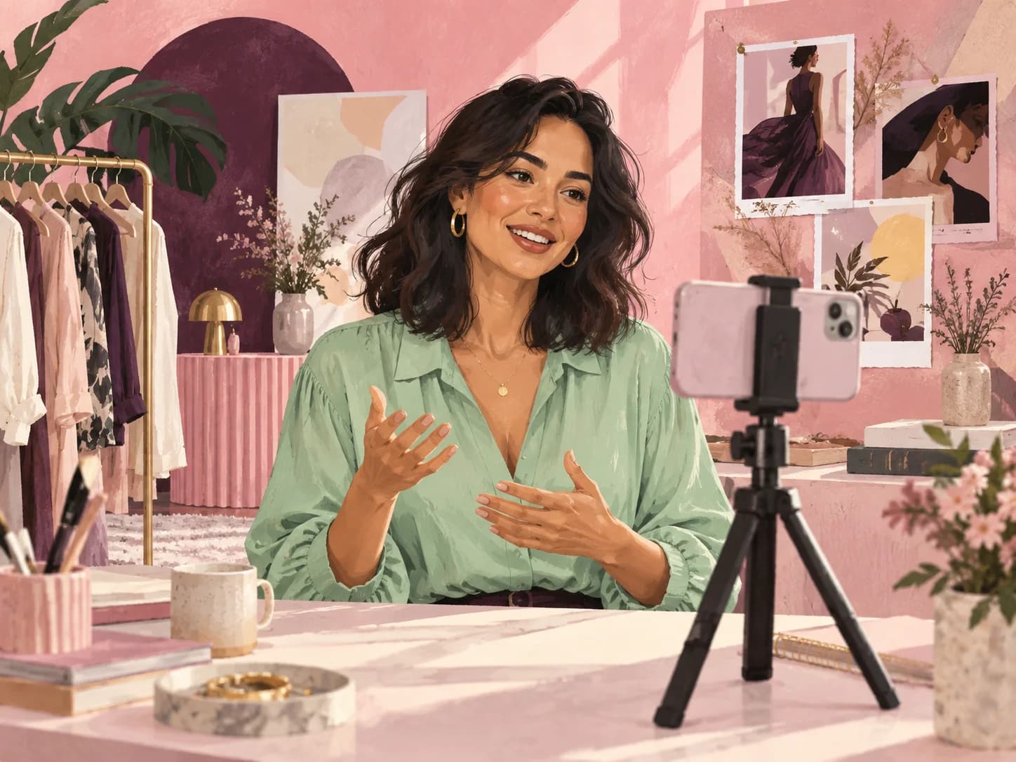 Illustration of a creator recording a social media post in her studio.